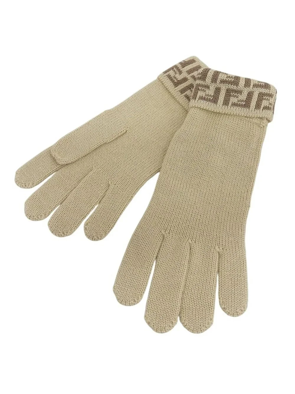 Fendi Wool 100% Zucchino FF Logo Knit Gloves Beige TU
